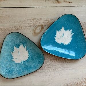 2 MCM Enamel on Brass Copper Trinket Dishes Tray Leaf Design